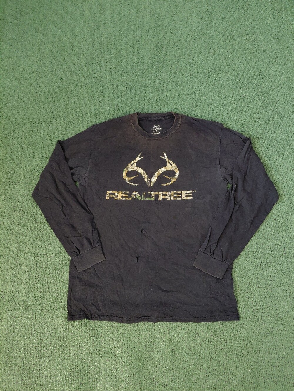 Realtree Camoflauge Logo Camo Deer Outdoors Nature Black Long Sleeve Shirt Sz Me